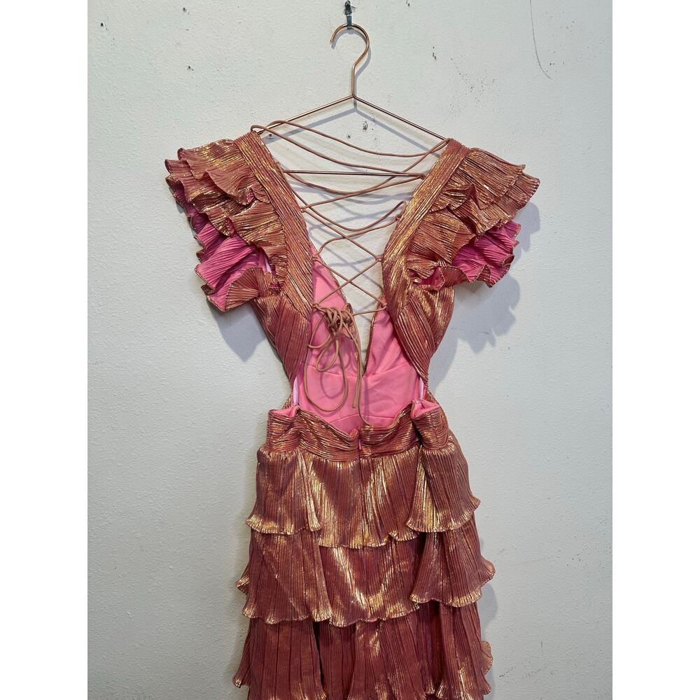 MAC DUGGAL Coral Pink Gold Ruffle Tiered Criss Cross Lace Up Back Gown Dress 2 - Picture 15 of 16